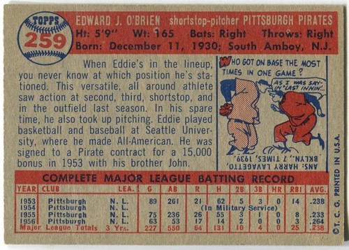 1957 Topps #259 Eddie O'Brien Pittsburgh Pirates - Picture 2 of 2