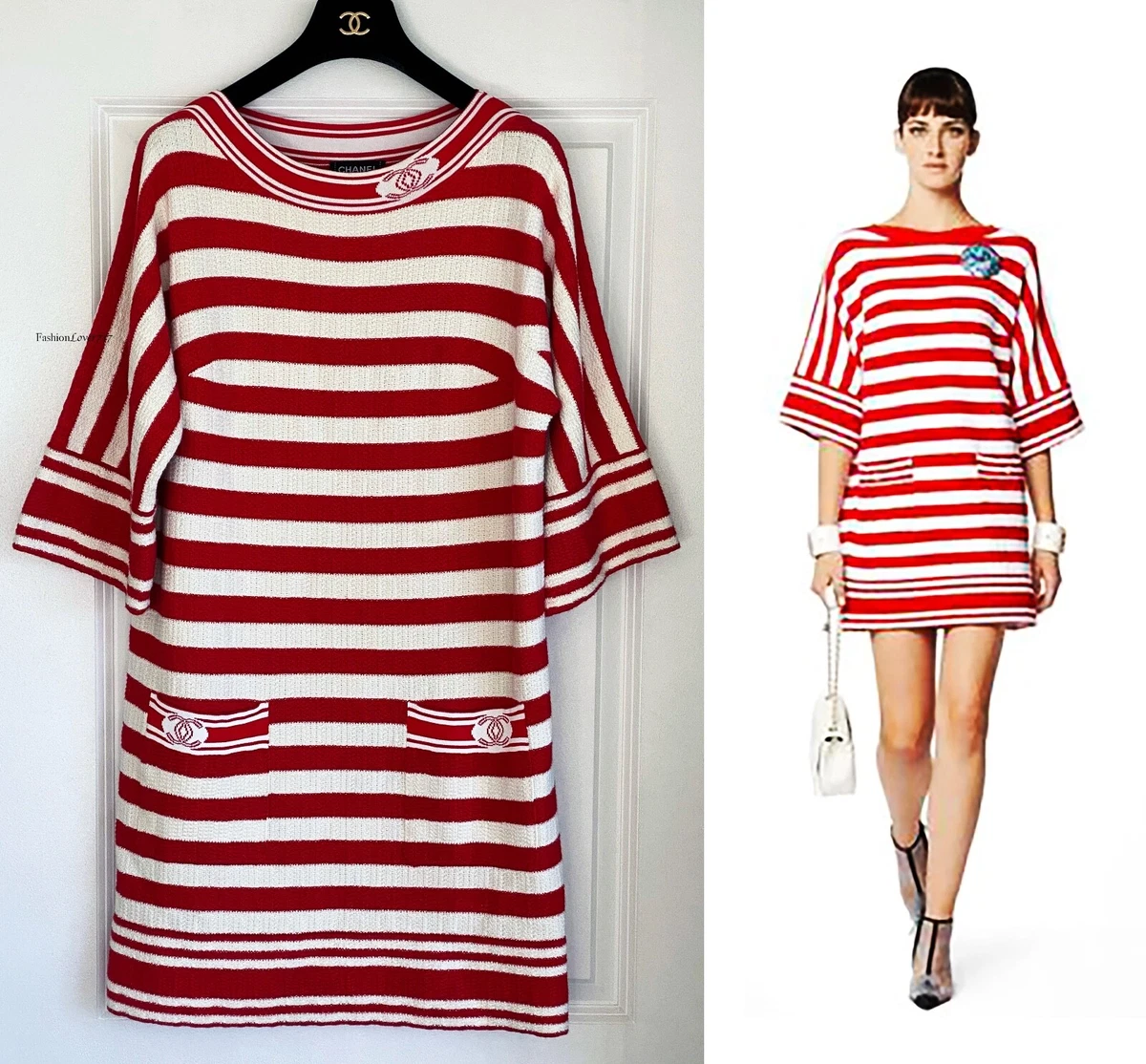 CHANEL 19P ECRU WHITE RED KNIT STRIPED CC LOGO BUTTONS MINI DRESS 40