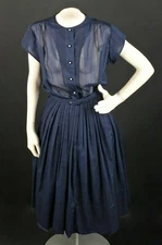 VTG Women's 50s Dark Blue Nelly Don Dress Sz XS 1950s Pleated Shirtwaist
