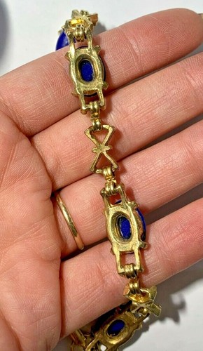 Vintage Scarab Style Moonglow Glass Blue Cabochon Gold tone Bow Bracelet 3k 16 - 第 2/4 張圖片
