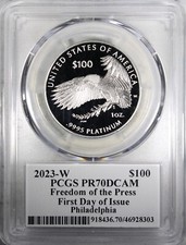 2023-W $100 Freedom Of The Press PCGS PR70DCAM FDOI 1oz Platinum Cleveland Sign 1340.23 per troy oz