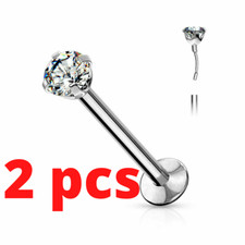 PAIR 18G PRONG SET CZ THREADLESS PUSH IN STEEL LIP LABRET EAR HELIX RING STUD
