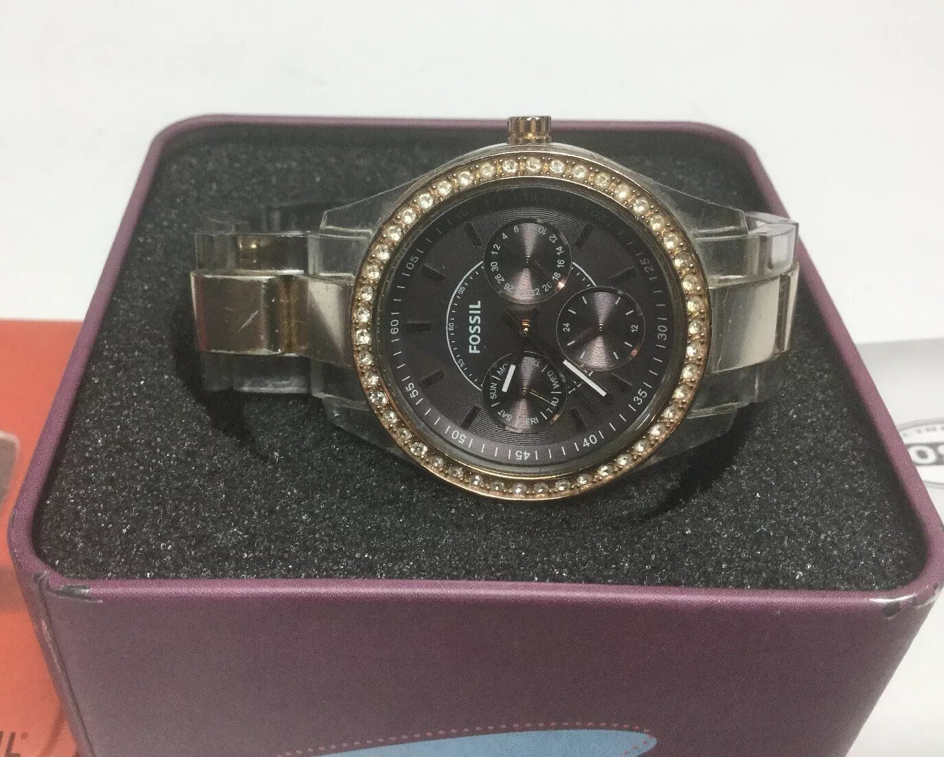 FOSSIL ES 2806 Stella Rose G Watch Clear Bracelet 3 Eye Face Dial & Box