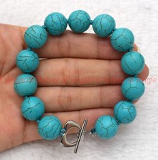 Pretty 10mm Blue Turquoise Gemstone Round Beads Bracelet 7.5"
