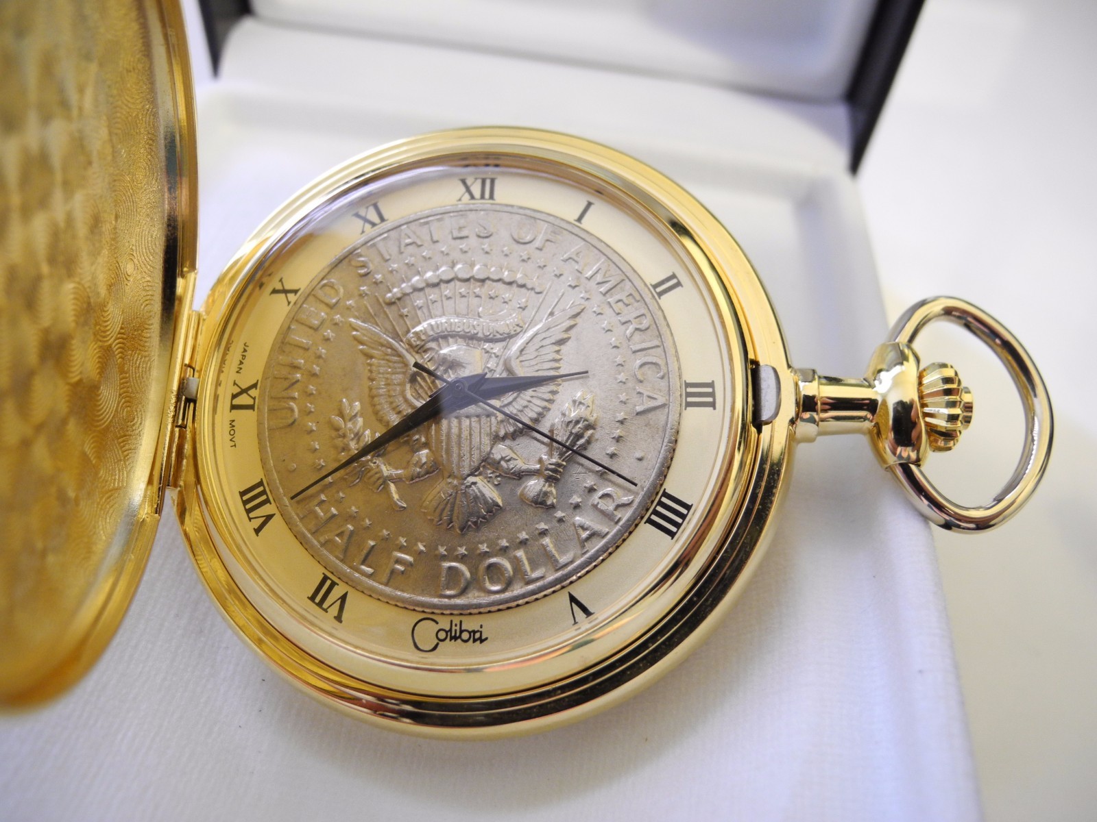 COLIBRI GOLDTONE JOHN F KENNEDY BICENTENNIAL REAL COIN POCKET WATCH NEW