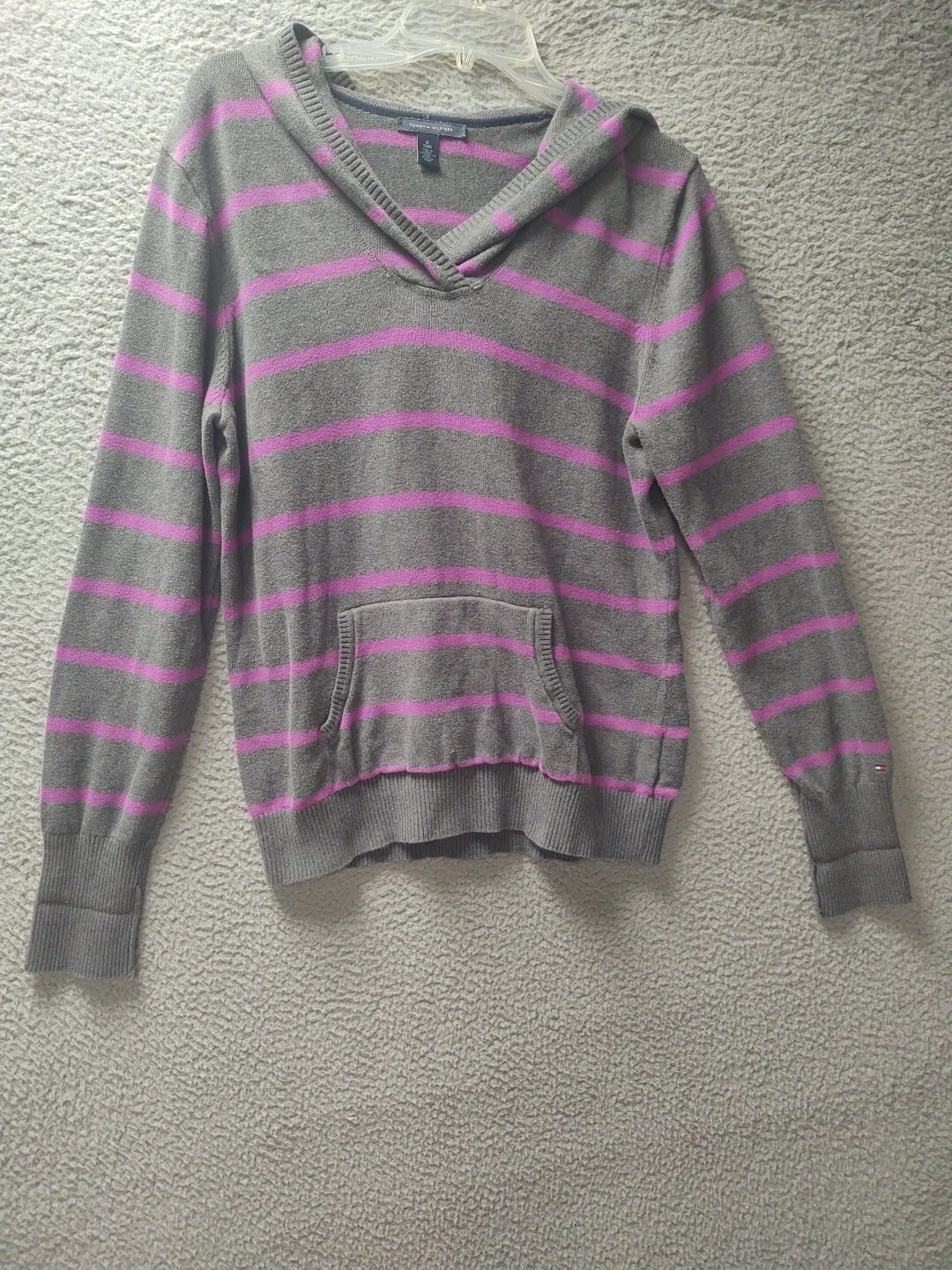 Tommy Hilfiger Hoodie Sweater Womens XL Gray Purple Striped Pullover