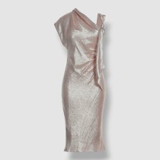  4350 Celine Women Pink Metallic One-Shoulder Ruched Silk A-Line Dress Size 34