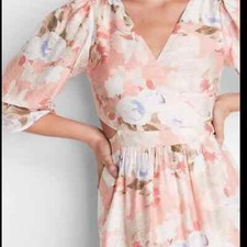 Express dress XL floral puff sleeve wrap tie back cutout pink pastels NWT