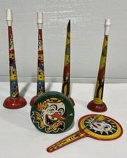 Tin Noise Makers Vintage Horns With Dancers scary Clowns lot of 6 display items