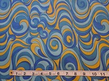 Vintage Flower Power Groovy PSYCHEDLIC Fabric Blue Turquoise Yellow Swirl Print
