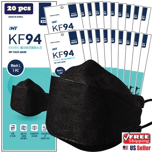 【 20 Pack 】 INT KF94 Certified BLACK Face Mask, 4 Layered, 3D Ergonomic Mask