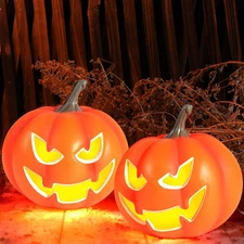 2 Pack Plastic Jack O Lantern Pumpkins Halloween Light up Pumpkin Outdoor Indoor