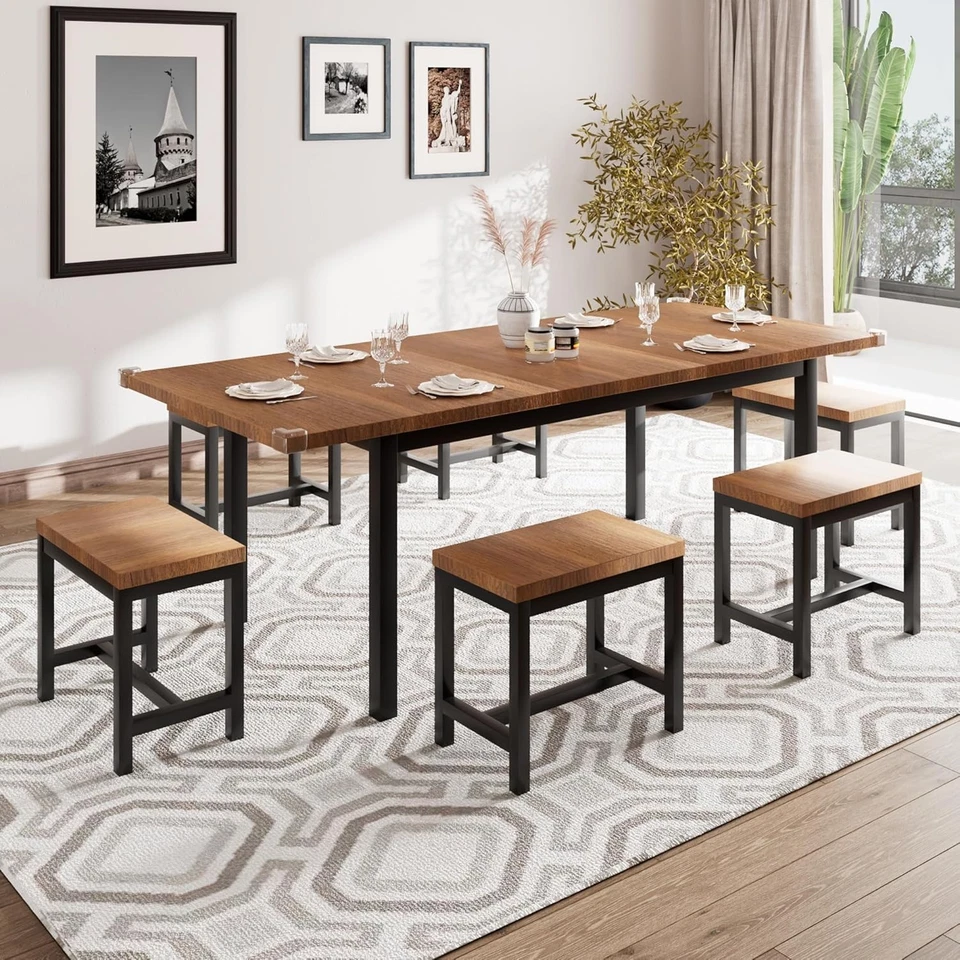 7-Piece Dining Table Set 6 Stools Extendable Kitchen Table Sturdy Metal Frame - Image 3 of 4