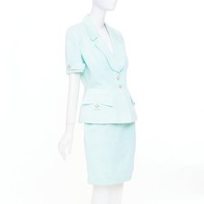 THIERRY MUGLER Vintage pale blue wool textured short sleeve peplum skirt suit