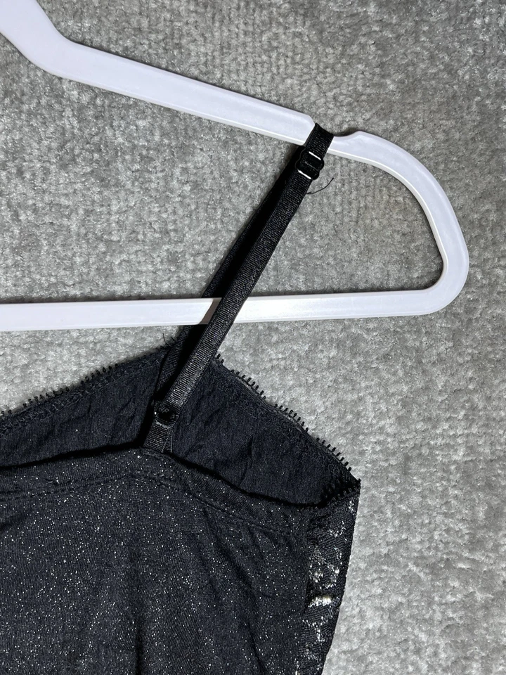 Camiseta sin mangas camisola con ribete de encaje tocador para mujer talla S negra plateada metálica brillante Y2K Foto 4 de 4