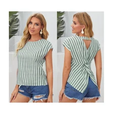 SheIn Twist-Back Cut-Out Sleeveless Blouse Womens Small Blue White Striped Top
