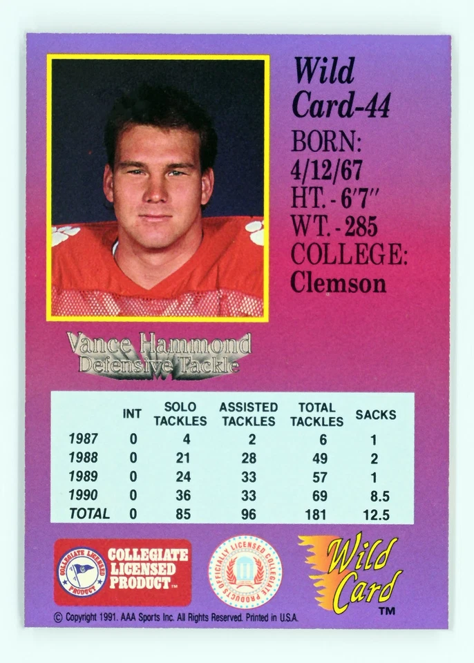 1991 Wild Card Draft #44 Vance Hammond 50 Stripe Clemson Tigers - Image 2 of 2