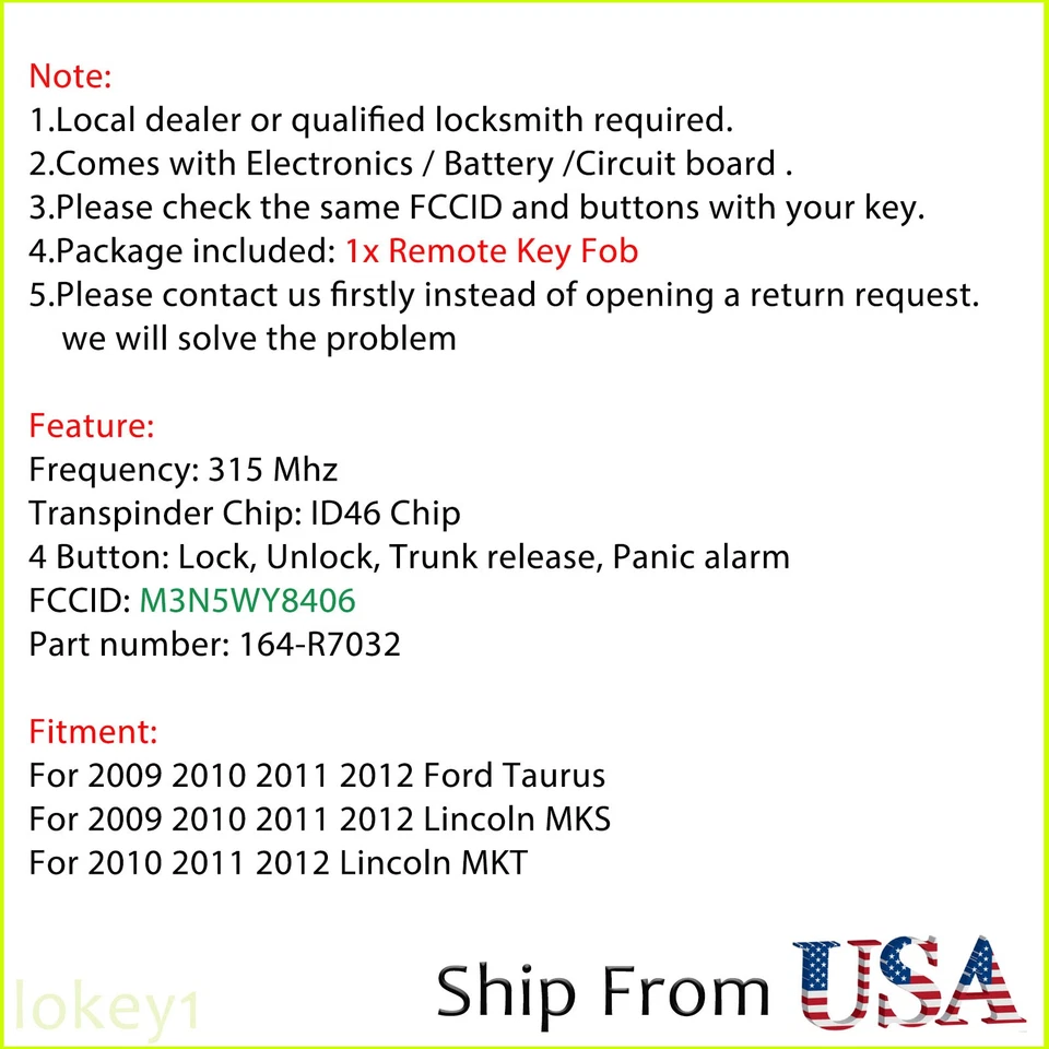 2009 年 2010 年 2012 年林肯 MKS MKT 福特金牛座智能遥控钥匙链 4 按钮 — 第 2/4 张图片