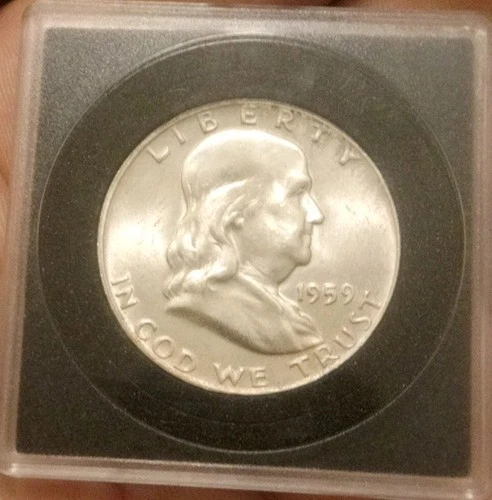 1959-D Ben Franklin Half Dollar, 90% Silver, Uncirculated Full Lines And Words.