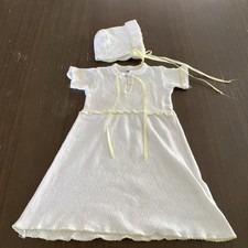 Vintage Baby Gown And Bonnet Made In USA Cotton Knit 3-6 Mos