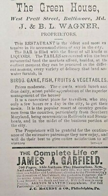 Baltimore  Vtg Print Ad John Wagner The Green House Restaurant Pratt Street 1881