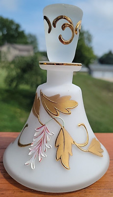 Satin Glass Perfume Bottle White and Gold Floral Pattern Irice Imports Vanity