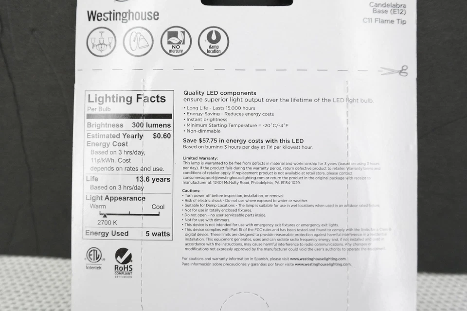Westinghouse Lighting 5W E12 Candelabra LED Light Bulb 35122 TF - Image 4 of 4