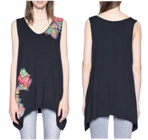Top túnica Desigual Chad para mujer talla L negro floral bordado sin mangas largo - Imagen 2 de 9