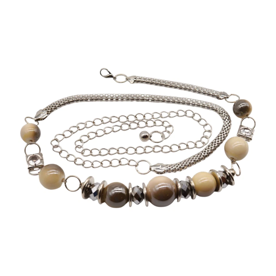 Cintura Bling In Metallo Argento Con Perline A Vita Alta Hip Grigia Crema S M - Immagine 3 di 4