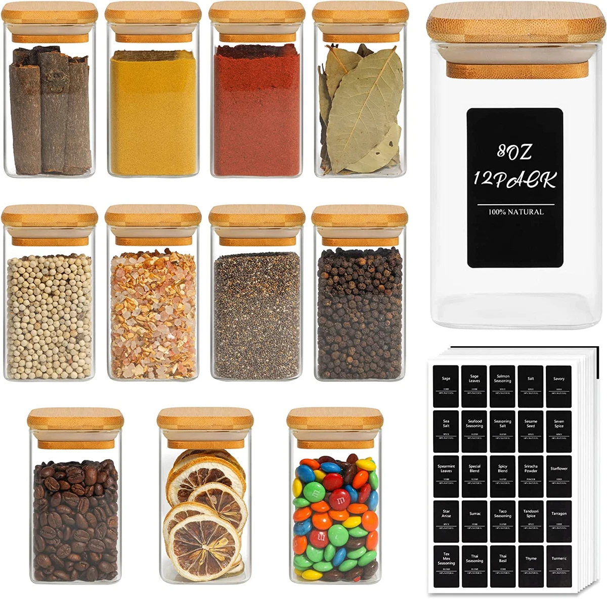 12Pcs Glass Spice Jars with Bamboo Lid, 8Oz Airtight Square Spice