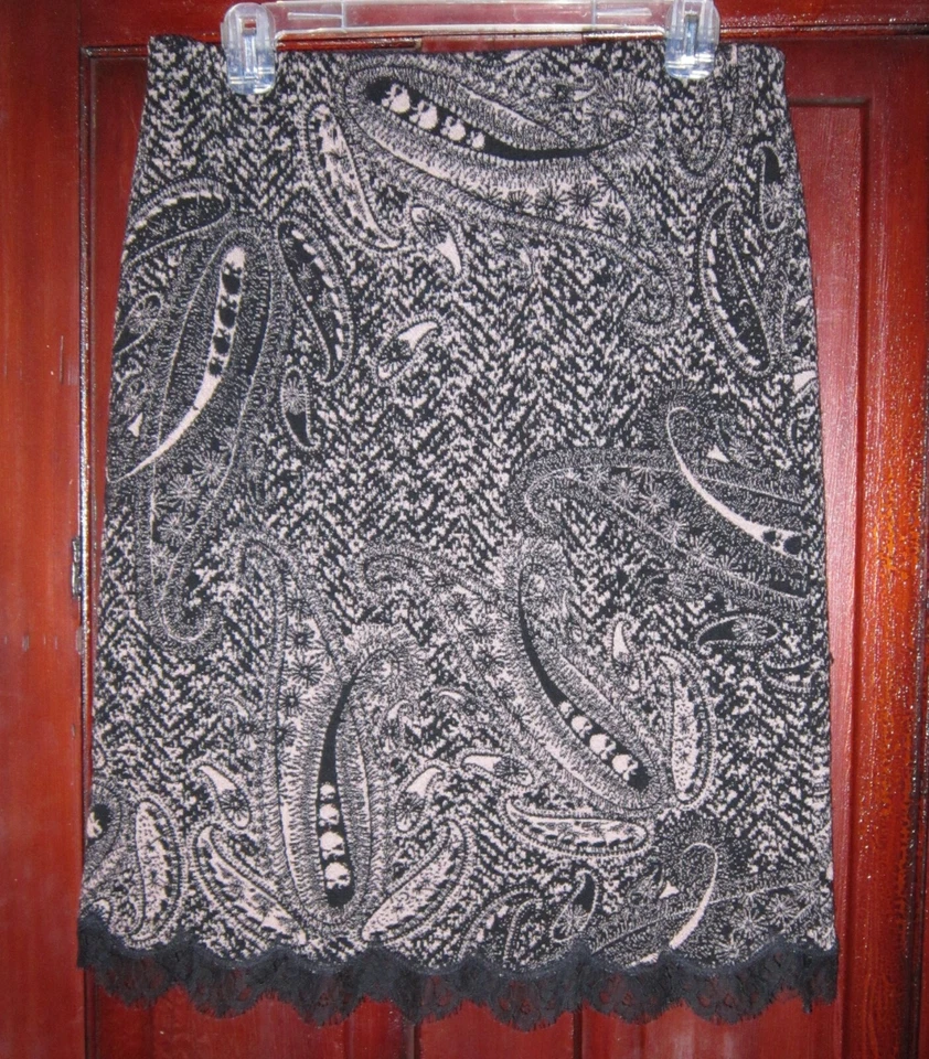 Falda Marc Cain 4 S 100% Lana Tejida Encaje Ribete Negro Beige Lápiz Elástico Paisley