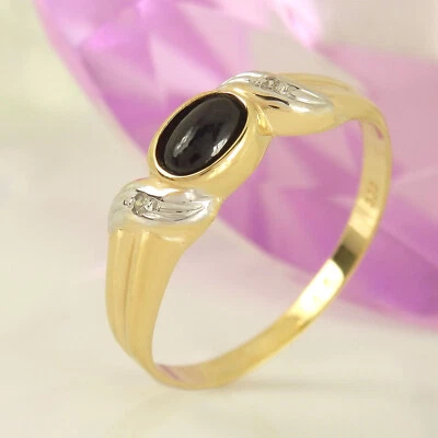 Aparter Ring 333 Gelbgold 8K 1 Saphir Cabochon 2 kleine Diamanten Gr. 58 - Bild 1 von 4