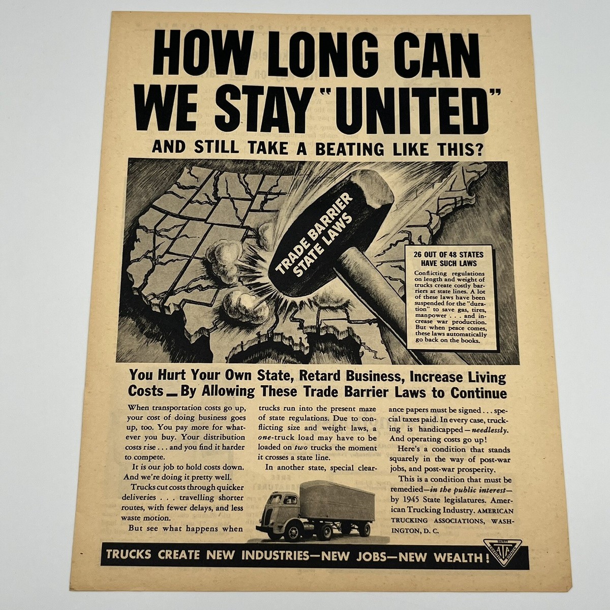 1945 Trade Barrier State Laws Vintage Print Ad 8x11&quot; state line 