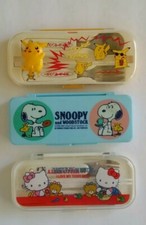 Lot Of 3 Chopsticks Spoon/Fork Set In Case. Snoopy, Hello Kitty, And Pikachu.