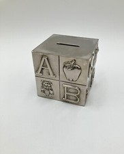 Silver Plated Baby Block ABC Coin Bank International Silver Co Felt Bottom 3"x3"