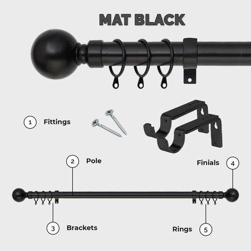Cylinder Metal Curtain Rods Extendable Curtain Poles Finials Heavy Duty Fittings - Picture 49 of 67