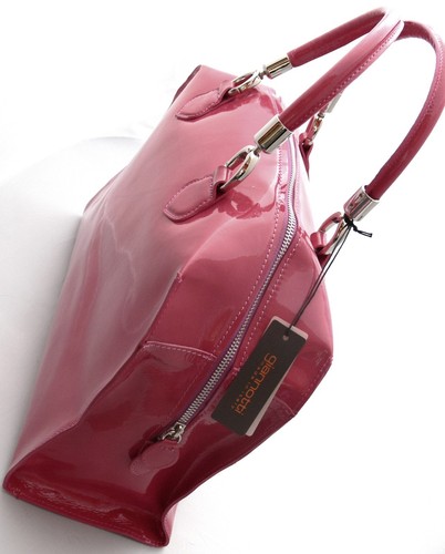 BORSA BAULETTO A MANO PELLE VERNICIATA ROSA VERNICE MADE ITALY VINTAGE - Picture 5 of 11
