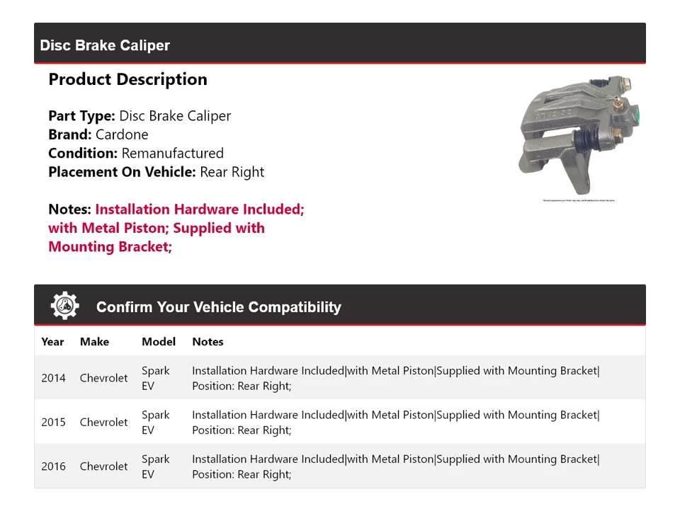 Pinza de freno de disco trasera derecha Cardone 2015 para Chevrolet Spark EV 2014-2016 Foto 2 de 4