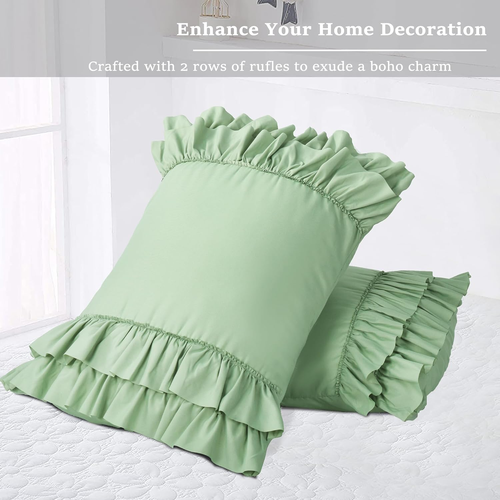 Pack of 2 Chic Ruffle Pillow Shams, Queen Size Sage French Country Style Vintage - Picture 2 of 12