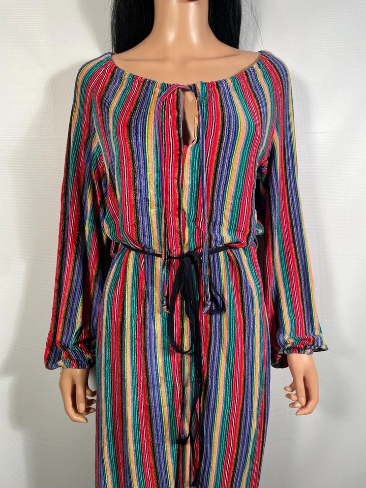 Maxi Vestido Vintage Años 70 Terciopelo Rayas Cremallera Cerradura Ropa de Salón Bata Talla M Foto 2 de 4
