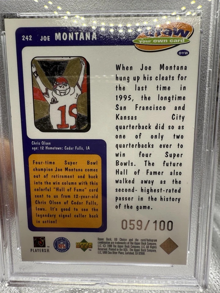 1998 UD Choice #242 Joe Montana Prime Choice Reserve SP /100 49’ers HOF POP 1 - Image 3 of 4