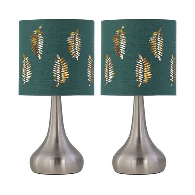 2er Set Gebürstet Chrom Touch Tischlampen Nachttischlampen Dunkelgrün Farnschirm