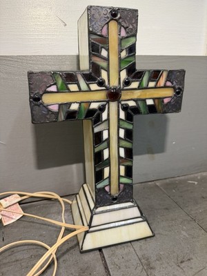 Cross Accent Lamp Light 13'' Beaded Stained Glass, Lights  Included 