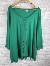 Avenue Popover Tunic Top 4X 30/32W Crochet Trim 3/4 Sleeve Flowy Kelly Green