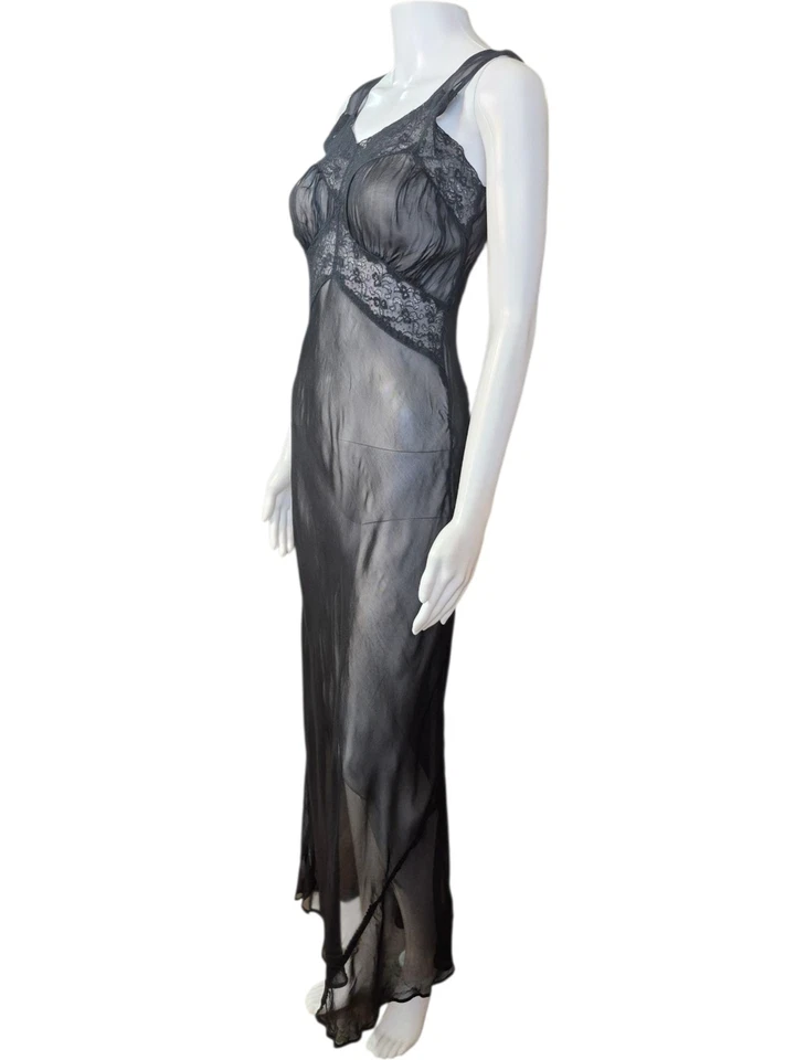 Винтажный 30-х чистый черный Bias вырез ночная рубашка S/M длина пола шифоновое сексуальный деко Nouvea - Изображение 2 из 4