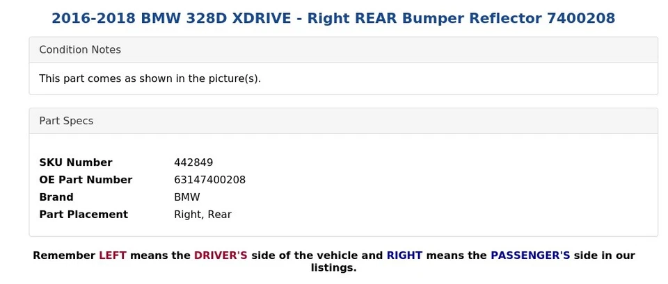 BMW 328D XDRIVE 2016-2018 - Reflector de parachoques trasero derecho 7400208 Foto 4 de 4