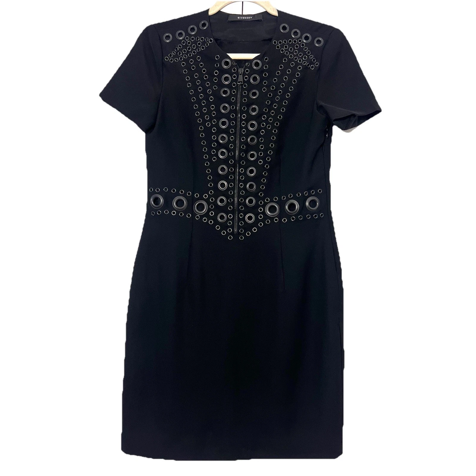 Abito Givenchy Taglia 4 Nero Manica Corta Metallo Occhielli Lavoro Ufficio Edgy Punk