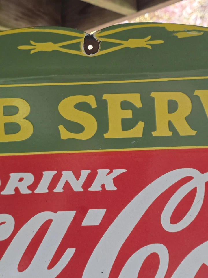 HUGE VINTAGE DRINK COCA-COLA CURB SERVICE PORCELAIN SIGN  27"x18" - Image 3 of 4