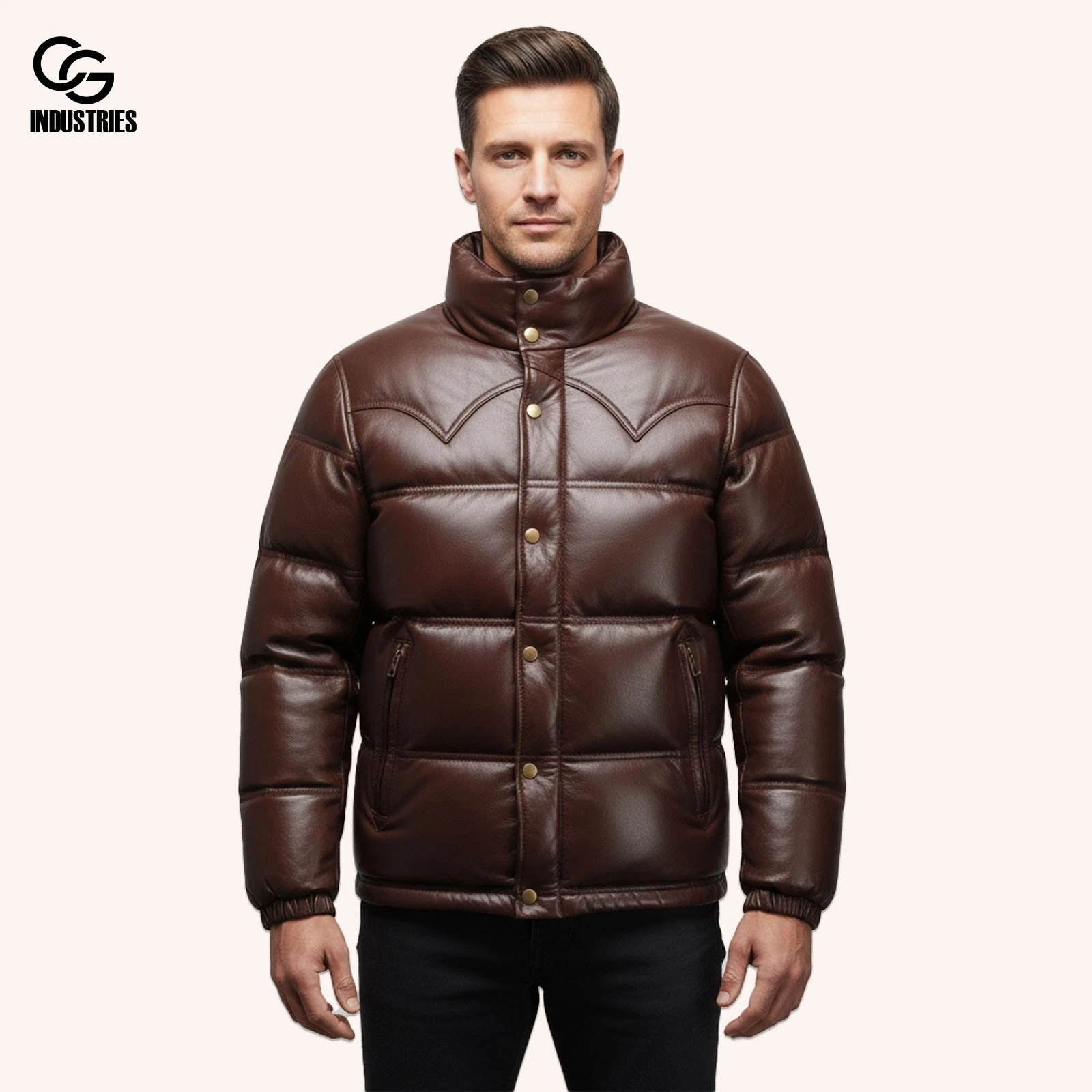 Men’s Brown Lambskin Leather Quilted Puffer Jacket Handmade Winter Warm Coat