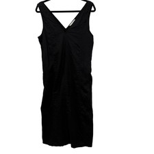 Everlane The Linen V-Neck Midi Dress Womens 6 Pockets Black Minimalist Lagenlook